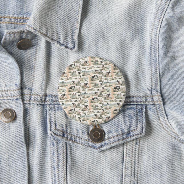 Coastal Cottage Lighthouse Pattern 3 Inch Round Button (In Situ)