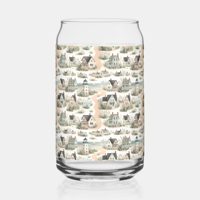 Coastal Cottage Lighthouse Pattern Can Glass (Front)