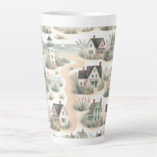 Coastal Cottage Lighthouse Pattern Latte Mug