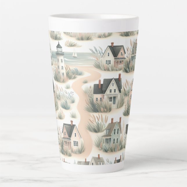 Coastal Cottage Lighthouse Pattern Latte Mug (Front)