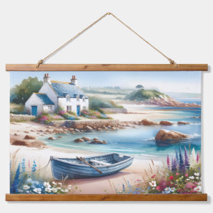 Coastal Cottage Seaside Rowboat Bloom Hanging Tapestry