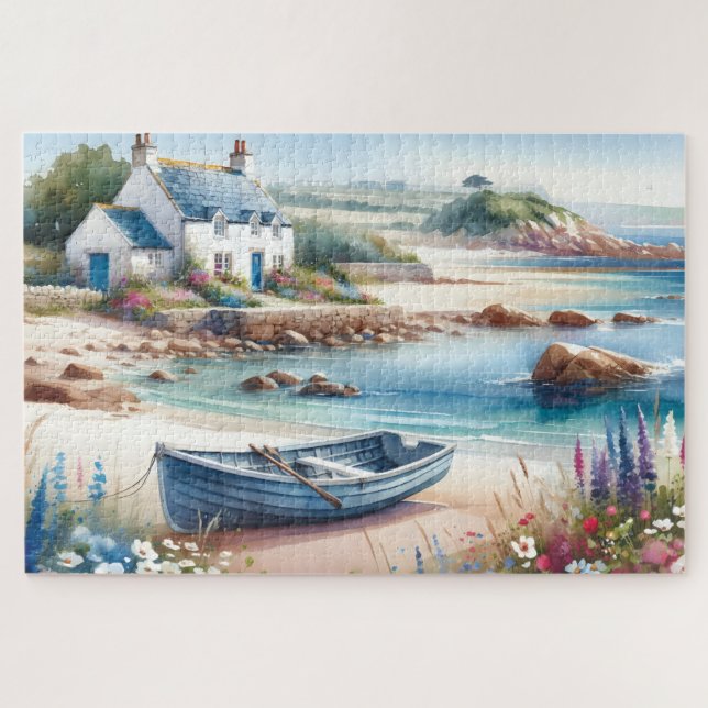 Coastal Cottage Seaside Rowboat Bloom Jigsaw Puzzle (Horizontal)