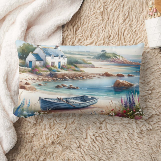 Coastal Cottage Seaside Rowboat Bloom Lumbar Pillow (Blanket)