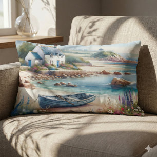 Coastal Cottage Seaside Rowboat Bloom Lumbar Pillow