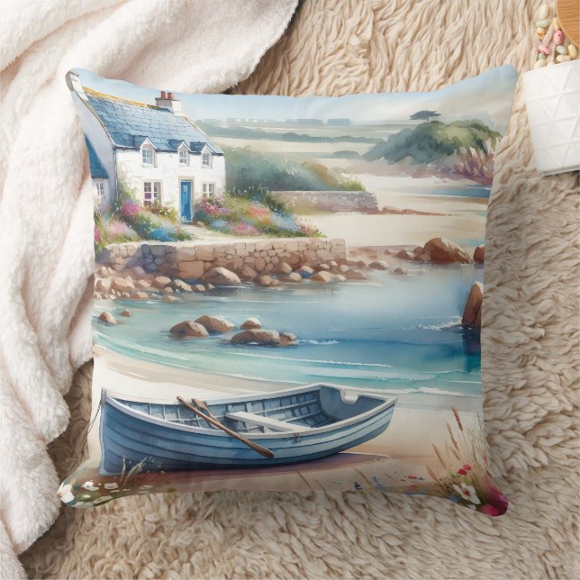 Coastal Cottage Seaside Rowboat Bloom Throw Pillow (Blanket)