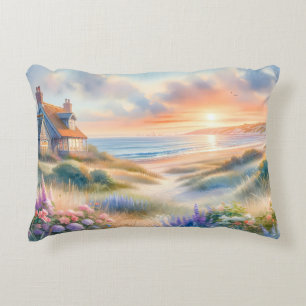 Coastal Cottage Sunset Dunes Watercolor Accent Pillow