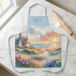 Coastal Cottage Sunset Dunes Watercolor Apron