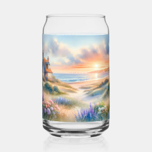 Coastal Cottage Sunset Dunes Watercolor Can Glass