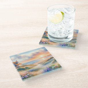 Coastal Cottage Sunset Dunes Watercolor Glass Coaster