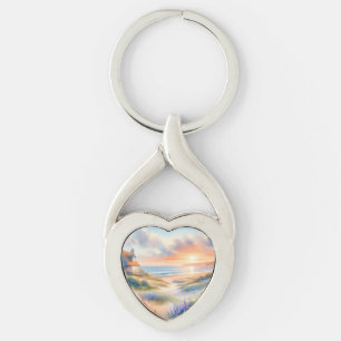 Coastal Cottage Sunset Dunes Watercolor Keychain
