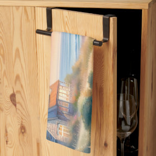 Coastal Cottage Sunset Dunes Watercolor Kitchen Towel