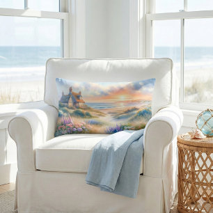 Coastal Cottage Sunset Dunes Watercolor Lumbar Pillow