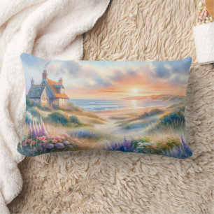 Coastal Cottage Sunset Dunes Watercolor Lumbar Pillow
