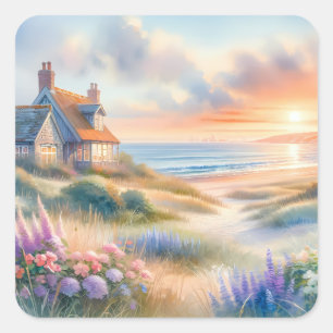 Coastal Cottage Sunset Dunes Watercolor Square Sticker