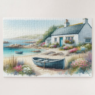 Coastal Cottage Watercolor Seaside Scene Jigsaw Puzzle