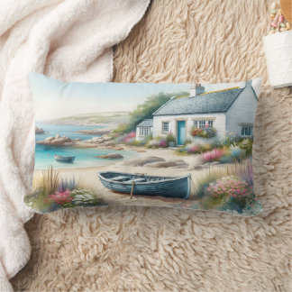 Coastal Cottage Watercolor Seaside Scene Lumbar Pillow