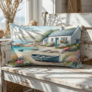 Coastal Cottage Watercolor Seaside Scene Lumbar Pillow