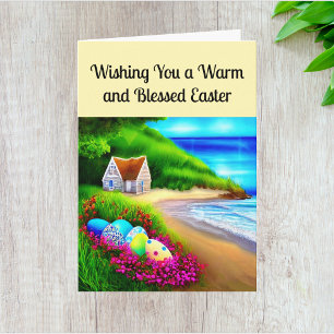 Coastal Cottage with Easter Eggs Joy and Peace Card