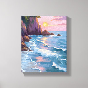 Coastal Cotton Candy Sunset Watercolor Painting Canvas Print
