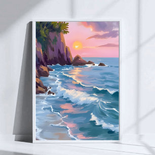 Coastal Cotton Candy Sunset Watercolor Painting Poster