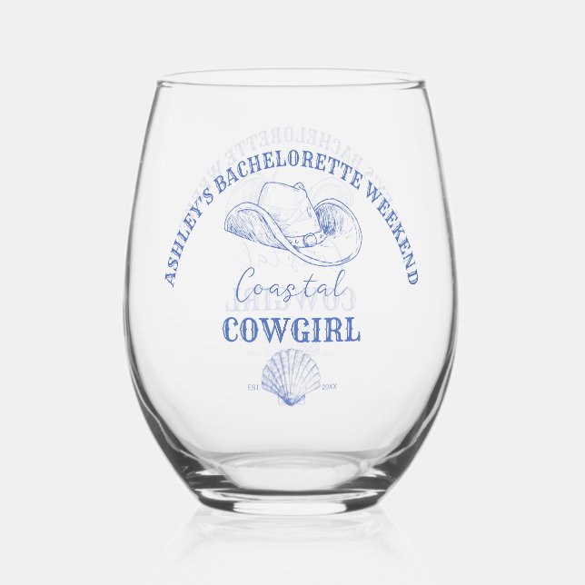Coastal cowgirl bachelorette party favour gifts stemless wine glass (Front)