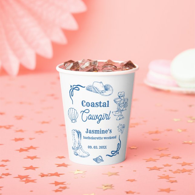 Coastal cowgirl Blue Ocean Bachelorette weekend Paper Cups (Insitu)