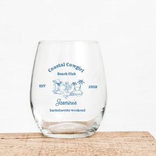 Coastal cowgirl Blue Ocean Bachelorette weekend Stemless Wine Glass