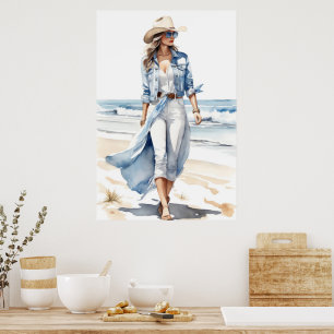 Coastal Cowgirl Blue, White & Denim Watercolor  Poster
