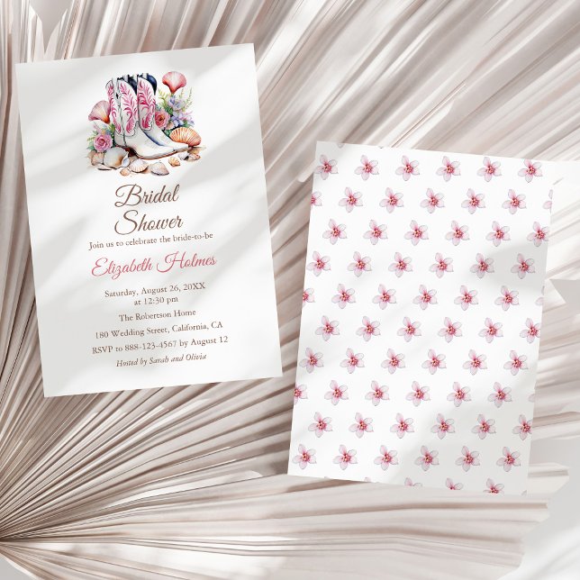 Coastal Cowgirl Boots Bridal Shower Invitation (Coastal Cowgirl Boots Bridal Shower Invitation on a white dry palm leaf.)