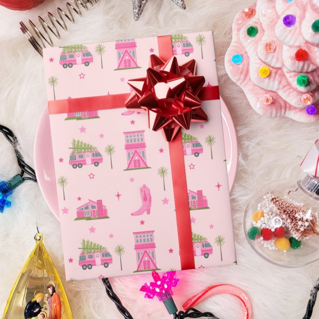 Coastal Cowgirl Boots Pink Christmas Camper Modern Wrapping Paper (Creator Uploaded)