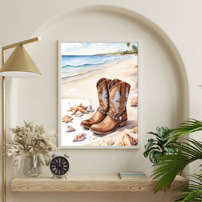 Coastal Cowgirl Brown Boots on Sand Ocean Beach Poster (Coastal Cowgirl Brown boots on the beach sand sea seashells Wall Art poster print, Printed Digital)