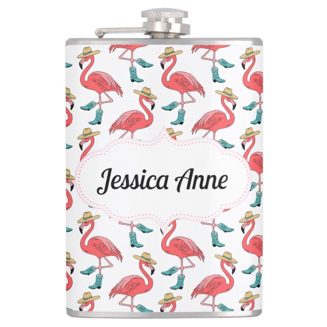 Coastal Cowgirl Flamingo Custom Name Hip Flask (Front)