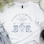 Coastal Cowgirl Nautical Western Bachelorette T-Shirt<br><div class="desc">personalized Coastal cowgirl bachelorette party tshirts in light blue and white with cowboy boots and seashells is perfect as a fun, modern and vintage bachelorette party theme. Personalized with your name and the slogans "coastal cowgirl" and "last rodeo". Celebrate your bridal shower in style with the perfect beach country western...</div>