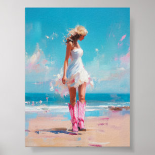 Coastal Cowgirl – Pink Boots & White Dress Beach  Poster