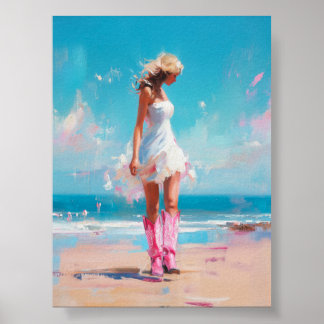 Coastal Cowgirl – Pink Boots & White Dress Beach Poster