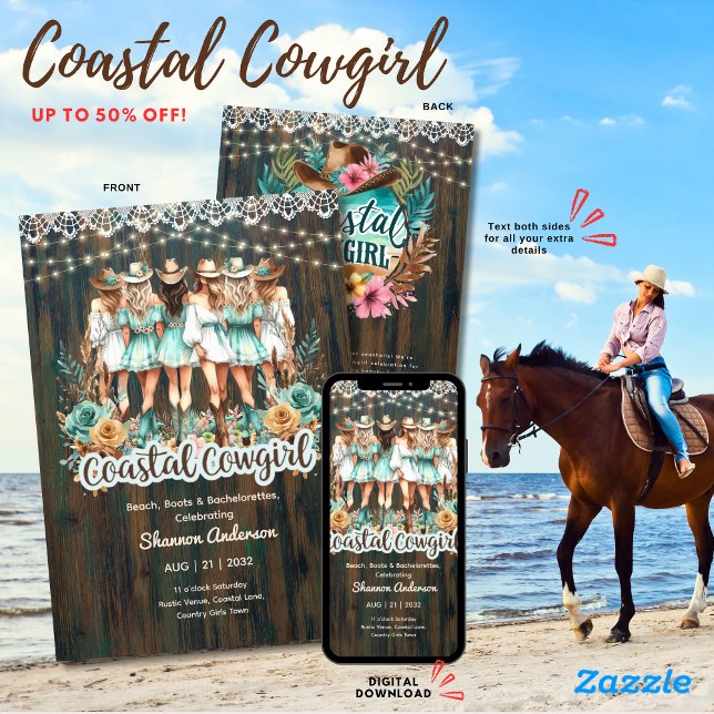 ⭐Coastal Cowgirl Rustic Beach Bachelorette Bridal  Invitation (Creator Uploaded)