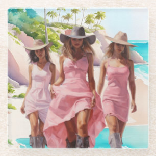 Coastal Cowgirl Trio in Colourful Pink Dresses Glass Coaster