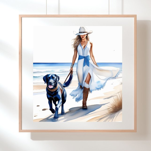 Coastal Cowgirl Walking with Dog on the Beach Poster (Coastal cowgirl walking on the beach with a dog)