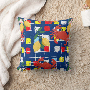 Coastal Crab and Lemon Pattern Throw Pillow