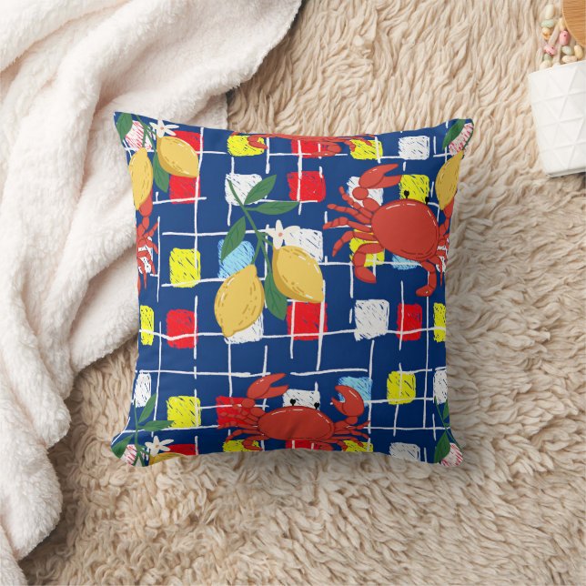 Coastal Crab and Lemon Pattern Throw Pillow (Blanket)