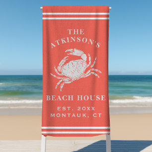 Coastal Crab Beach House Rustic Family Name Coral Towel