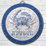Coastal Crab Beach House Rustic Wood Family Name Dartboard<br><div class="desc">This dart board features a vintage blue crab with your family name over a faux white washed wood background. Customize with your family name and established date to make this your own unique beach house ping pong paddles. Also available are corn hole set, beer pong table and golf accessories. Designed...</div>
