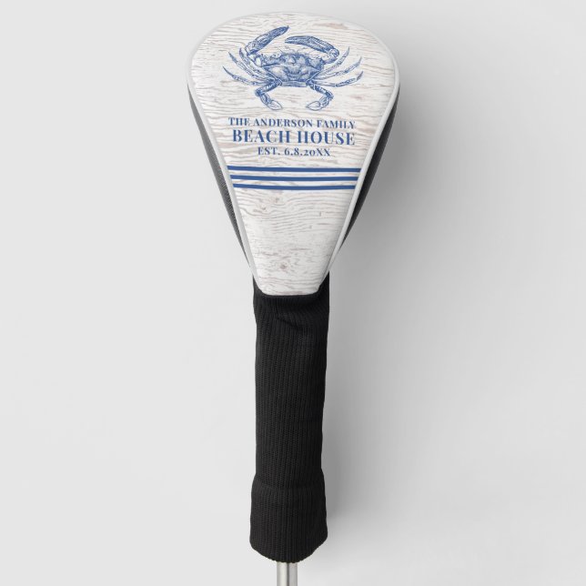 Coastal Crab Beach House Rustic Wood Family Name Golf Head Cover (Front)