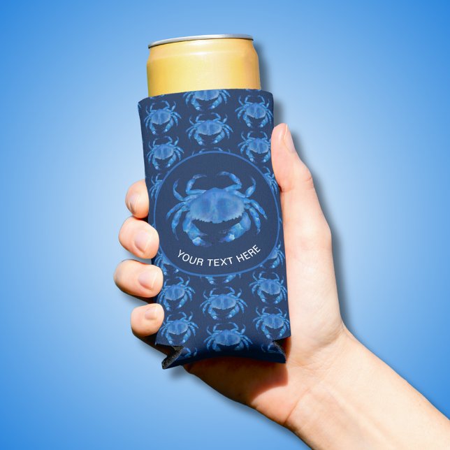 Coastal Crab Blue Seltzer Can Cooler (Coastal crab, navy blue can cooler with custom text. Other colors available.)