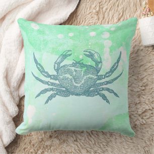 Coastal Crab Blue Watercolor Throw Pillow