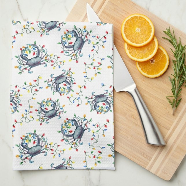 Coastal Crab Christmas Lights Kitchen Towel (Creator Uploaded)