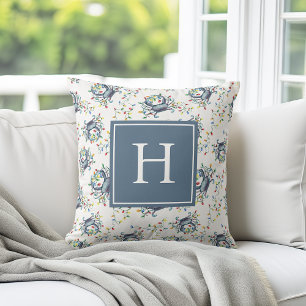Coastal Crab Christmas Lights Monogram Throw Pillow