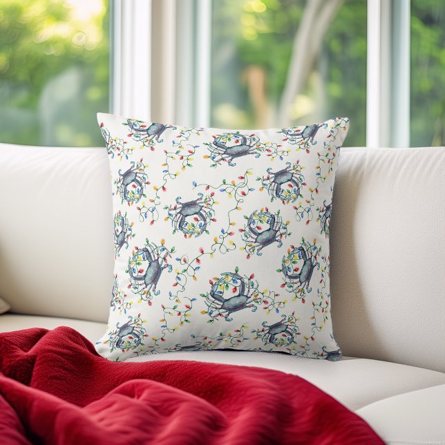 Coastal Crab Christmas Lights Pattern Throw Pillow (Creator Uploaded)