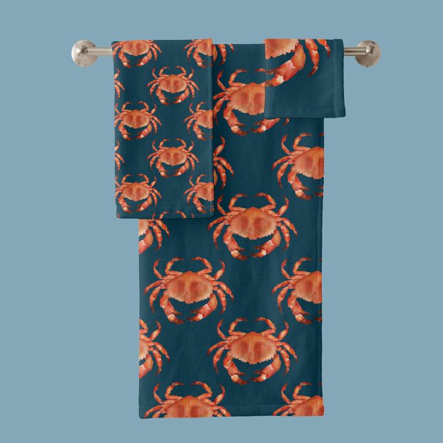 Coastal Crab pattern Bath Towel Set (Brown crab coastal crustacean bath towel set)