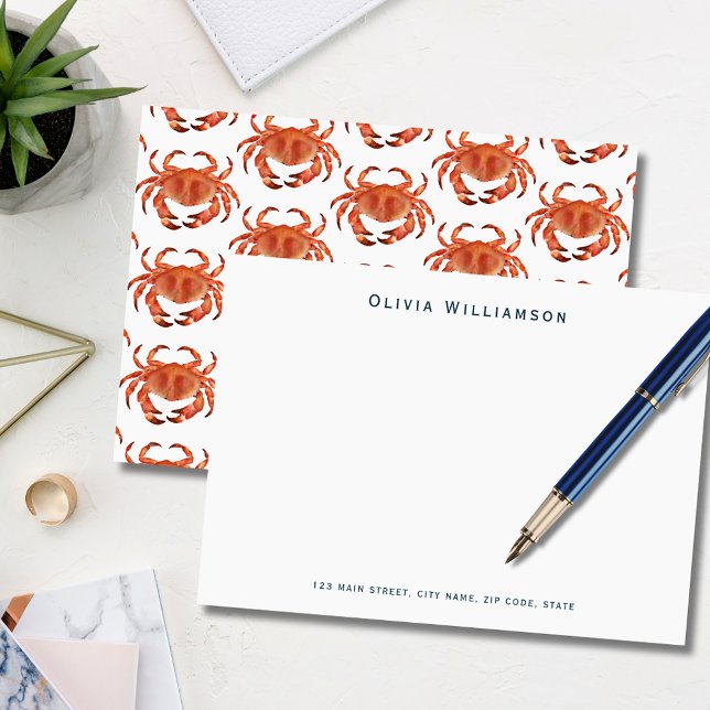 Coastal Crab Seaside Ocean Card (Coastal crab, crustacean illustrated notecard. Personalize with your own name and address details.)